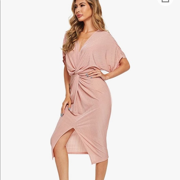 Short Sleeve V Neck Twist Front Split Midi Dress - Picture 3 of 7